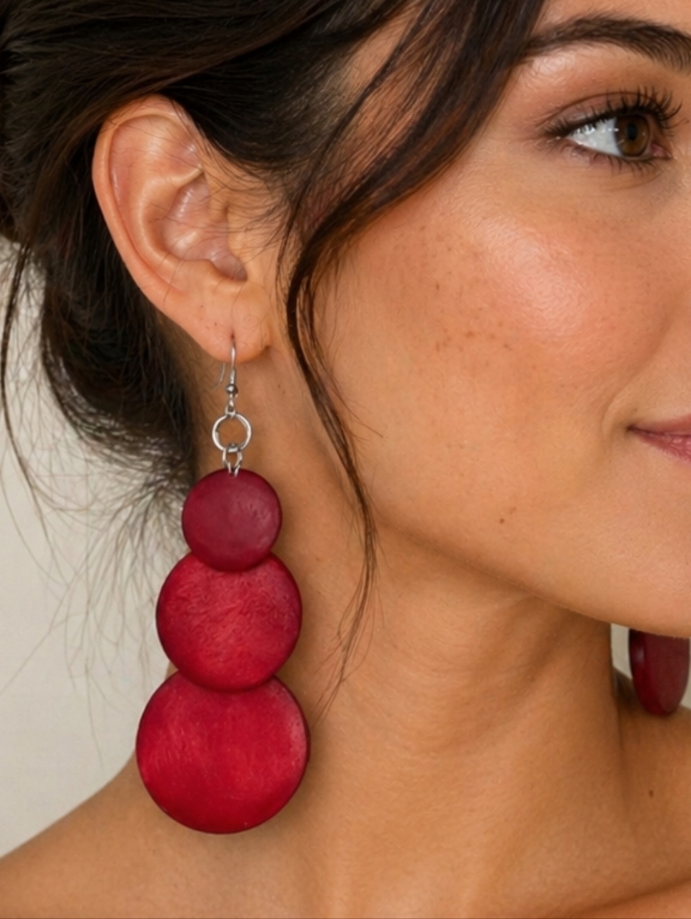 Red Wooden Discs 3 Tier Dangle Earrings